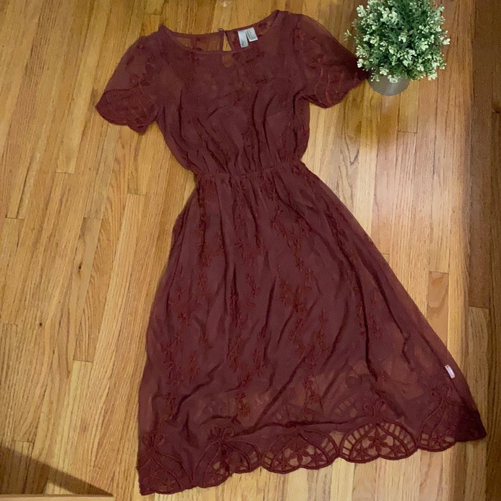 F21 red sheer embroidered dress with slip S